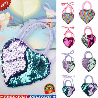 

UK Girl Kids Gradient Sequin Shaped Ribbon Long Strap Purse Coin Pocket Bag Gift