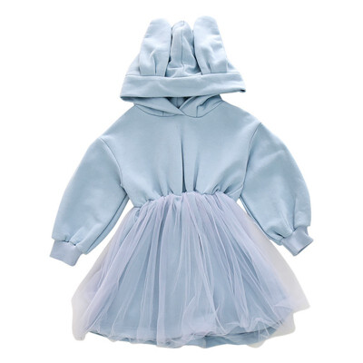 

Children New Autumn Baby Girls Dresses 2-8T Cute Solid Color Mesh Stitching Hat Collar Princess Long-Sleeved Sweet Toddler Dress