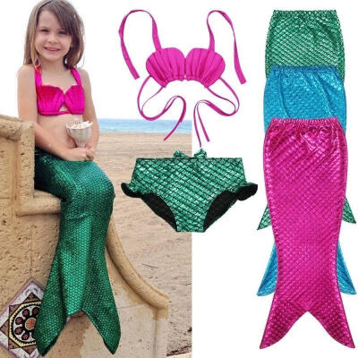 

3PCS Girl Kids Mermaid Tail Swimmable Bikini Set Bathing Suit Fancy Costume 3-9Year