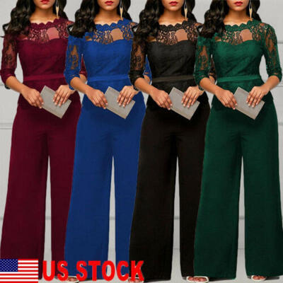 

US Fashion Women Ladies Loose Playsuit Party Romper Lace Long Jumpsuit Trousers