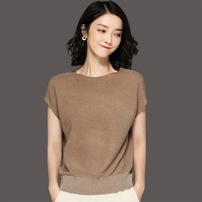 

Womens Fashion O Neck Solid Short Knitted Ice Silk Slim Pullover T-Shirt