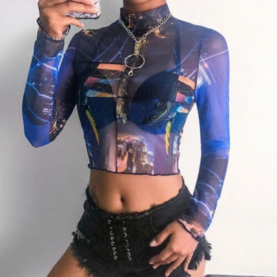 

Sexy Women High Neck Transparent Mesh Sheer Crop Top T-Shirt Blouse Tee Tops