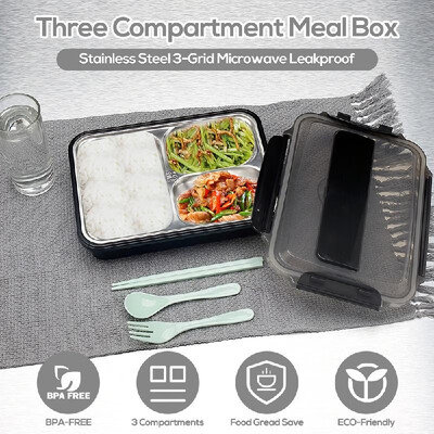 

304 Stainless Steel Lunch Box 4-Grid Microwave Leakproof Four Compartment Meal Box with Free Tableware Set for Students Office Pic