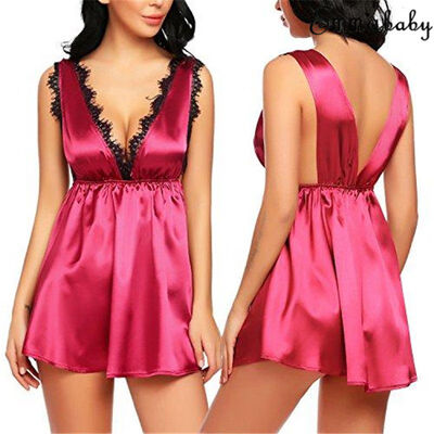 

Women Sexy Silk Satin Lace Sleepwear Babydoll Lingerie Nightdress Pajamas Set