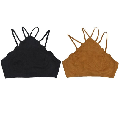 

Women Suede Crop Top Cross Hollow Out Bustier Bralette Lace Up Backless Camis Vest BlackCamel