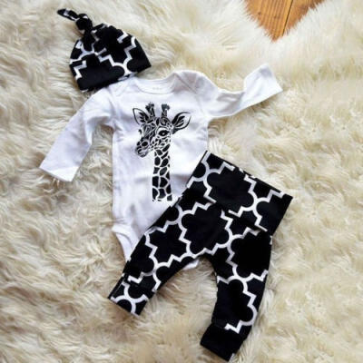 

3pcs Newborn Baby Boy Giraffa Print Tops Romper Long Pants Hat Outfits Set Clothes