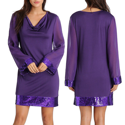 

〖Follure〗Women Casual V-Neck Sequined Ruffled Chiffon Long Sleeve Stitching Mini Dress