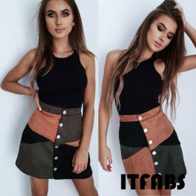 

Women High Waist Suede Button Short Mini Skirts dress A-Line Mini Skirt