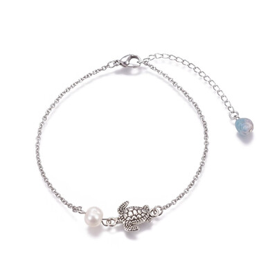 

Stainless Steel Link Anklets with Pearl Beads Natural Aquamarine Beads&Alloy Findings Sea Turtle Antique Silver & Stainles