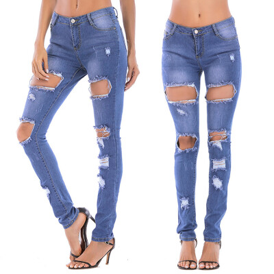 

Gobestart Fashion Womens Button Ripped Zipper Pocket Trousers Jeans Casual Denim Pants