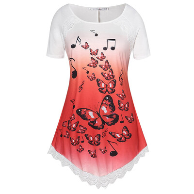 

Roseonmyhand Plus Size Women Short Sleeve O-Neck Gradient Printed Lace Up T-shirt Blouse