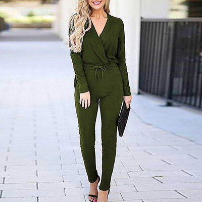 

Starmoon Women Pocket Lace Up V Neck Long Sleeve Rompers Jumpsuit Playsuit