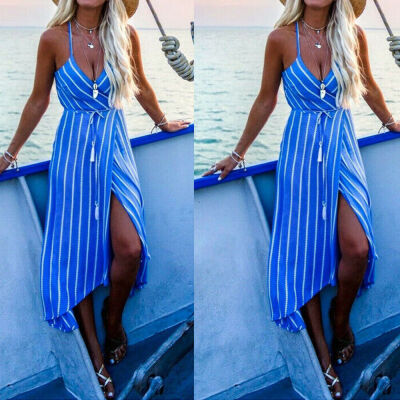 

Summer Womens Boho Striped Cami Maxi Dress Lady Strappy Tropical Pastels Evening Cocktail Party Beach Long Dress Sundress