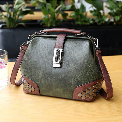 

Women Handbag Leather Small Doctor Bag Women Shoulder Bag Female Crossbody Handbag Lock Chain Rivets Girls Vintage Women Bags
