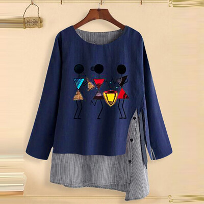 

Roseonmyhand Fashion Womens Plus Size Loose Long Sleeve Cotton Linen Splice Print Casual Tops