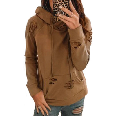 

2019 Autumn Winter Women Fashion Hooded Long sleeve Sweatshirt Hollow Pocket lacing Solid color Top