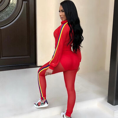 

Women Striped Zipper Long Sleeve Crop Top Slim Pants Transparent Two Piece Tracksuit Sportswear Fitness Set Suits