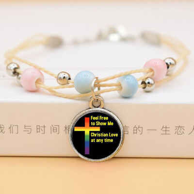 

New Hand Make Bead Cross Gay Pride Rainbow Ceramics Pendent Bracelet Jewelry