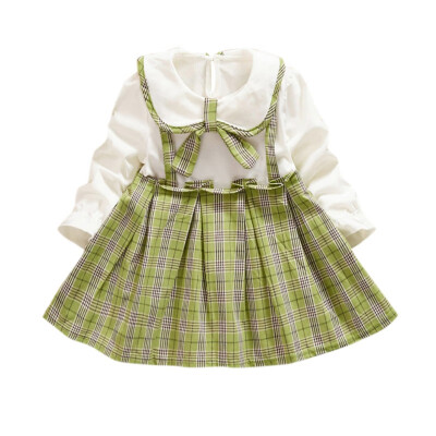 

Spring Autumn New Baby Kids Girls Plaid Print Long Sleeve Dress Sweet Cotton Comfortable Fake 2 Piece Doll Collar Bowknot Dress