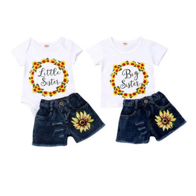 

US 2PCS Baby Girl Big Little Sister ShirtRomper Denim Shorts Jeans Outfit Set