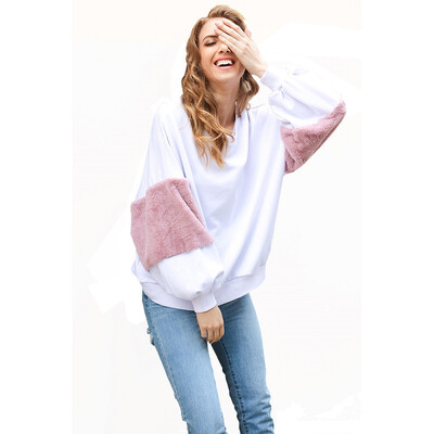 

Women Rabbit Hair Patchwork Puff Sleeve White Hoodies Girls Fashion Autumn Loose Long Sleeve Sweatshirts Pullovers Women Tops