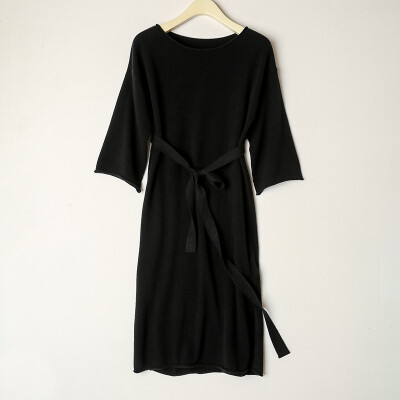 

Card&Geese cashmere sweater solid color round neck new female sweater loose long dress with belt 10540