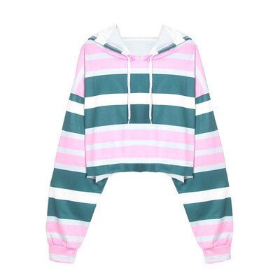 

Women Striped Patchwork Crop Top Hoodies Sweatshirts Autumn Casual Long Sleeve Hoodie Pullover Female Fashion Short Sweatshirt
