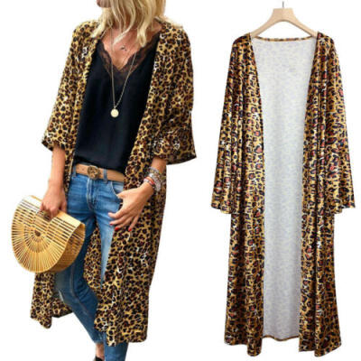 

Fashion Womens Leopard Print Kimono Cardigan Ladies Open Front Long Coats Jacket