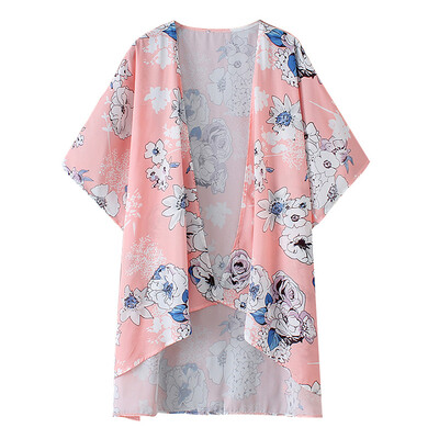 

Women Chiffon Kimono Floral Print Open Front Half Sleeve Irregular Low High Hemline Casual Bikini Cover Up