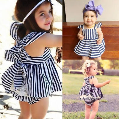 

Baby Girls Clothes Summer Sunsuit Infant Outfit Stripe Backless Dress Briefs 2Pcs Set 0-24M