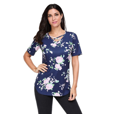 

Round neck short sleeve printed neckline cross casual T-shirt top