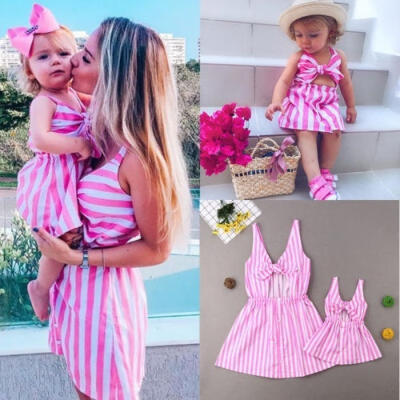 

Mother&Daughter Dress Matching Mom Girl Stripe Bow Maxi Party Dress Family Clothes