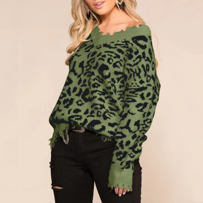 

Tailored Womens Leopard Print Ripped Sweater V Neck Distressed Knit Pullover Jumper Top