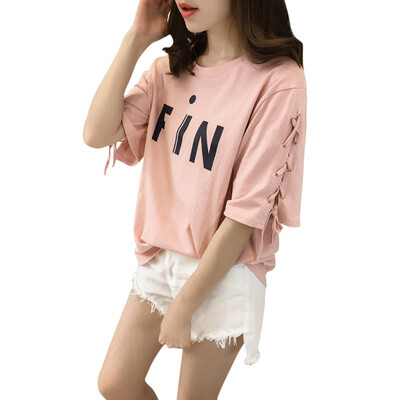 

Women Summer Lace Up T-Shirt O-Neck Print Casual Top Half Sleeves Basic Female T-shirt -5XL