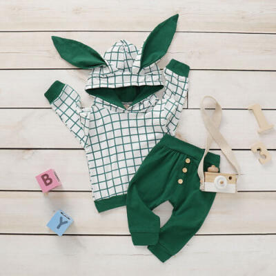 

US Cute Toddler Baby Boy Kid Girl Autumn Clothes Ears Plaid Hoodie Top Pants Set