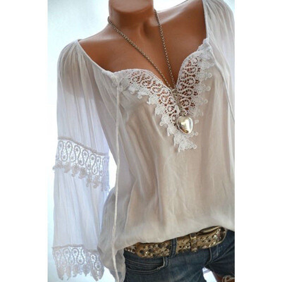 

Cotton Sexy Off Shoulder Lace Edge T-Shirt Women Flare Long Sleeve T shirt Female Casual Solid Color Tee Plus Size