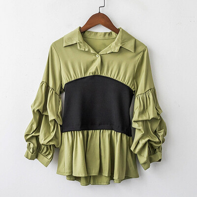 

Autumn New Fight To Receive Waist Long-sleeved Fake Two-piece Lantern Sleeve Shirt Women
