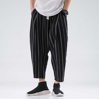 

Gobestart Mens Fashion New Style Leisure Striped Nine-Minute Trousers Large Size Pant