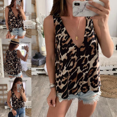 

Casual Women Chiffon Shirt Leopard Sleeveless V Neck Beach Tank Top Vest Blouse