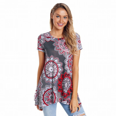 

Round neck short sleeve floral print side shirt retro top