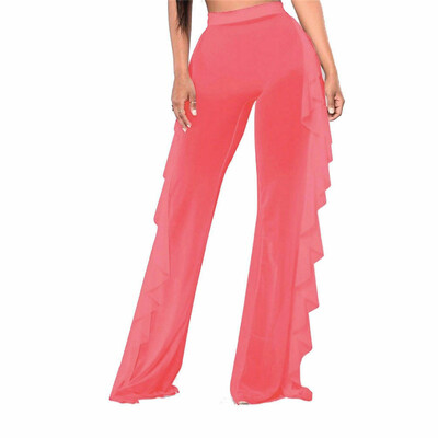 

Sexy Women Fishnet Beachwear Pants Mesh Sheer Ruffle Trousers Bikini Cover Up