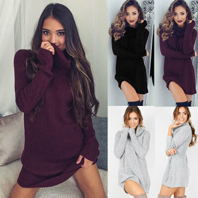 

Womens Bodycon Knitted Long Sweater Dress Jumper Winter Pullover High Neck Tops