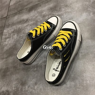 

Summer 2019 Port Wind ins Korean version of no heel half support breathable Joker scratch canvas shoes for women