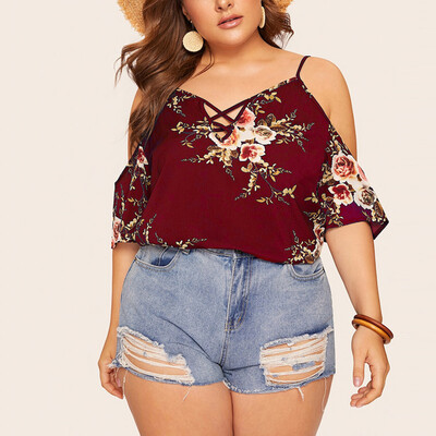 

Starmoon Women Plus Size Cold Shoulder Shirt Floral Print Ladies Summer Casual Blouse Top