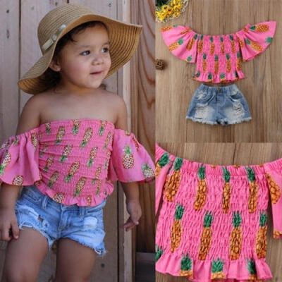 

2PCS Baby Girls Fruit Off Shoulder T-shirt TopsDenim Hole Shorts Pants Outfits Toddler 0-5Y