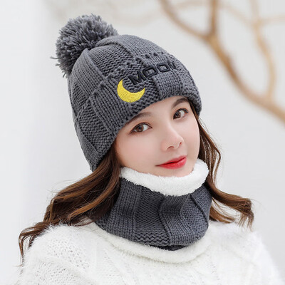 

Autumnwinter hat neck two-piece set of ladies plus velvet warm hair ball hat sweet cute knitted sleeve head ear guard hat