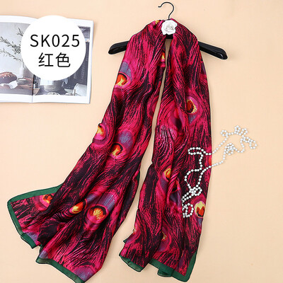 

Spring&summer new fashion elegant silk scarf soft green peacock feather print scarf sunscreen shawl tourism