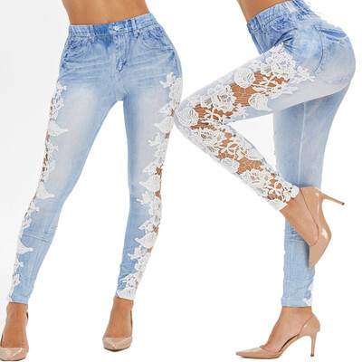 

〖Follure〗Womens High Waist Hole Jeans Button Perspective Lace Trousers Pant