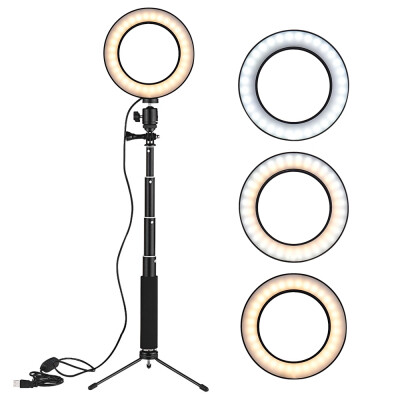 

6 Inch Mini LED Video Ring Light Lamp Dimmable 3 Lighting Modes USB Powered with Telescopic Light Stand Mini Desktop Tripod for Ne