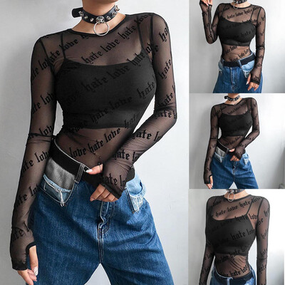 

Starmoon Women Turtleneck Long Sleeve Starry Angle Print Mesh Perspective Short Top
